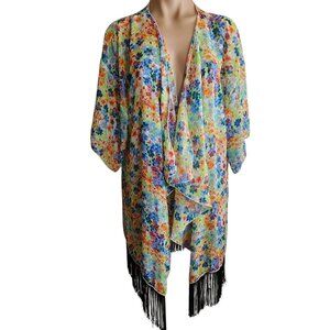 Lularoe Monroe Chiffon Fringed Kimono Sheer Floral Sz L Swim Cover Up Womens